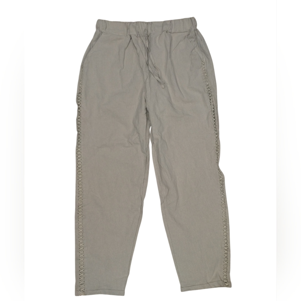 Puimentiua Comfort pants L cutout Sides Beige Drawstring Elastic Waist Linen Nwt